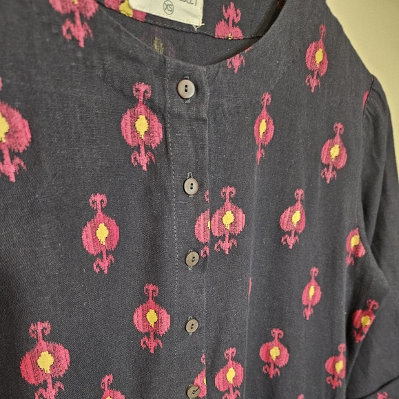 Bombay Paisley Floral Boho Maxi Dress Cotton Linen Navy Blue Button Front S XS - Picture 5 of 7